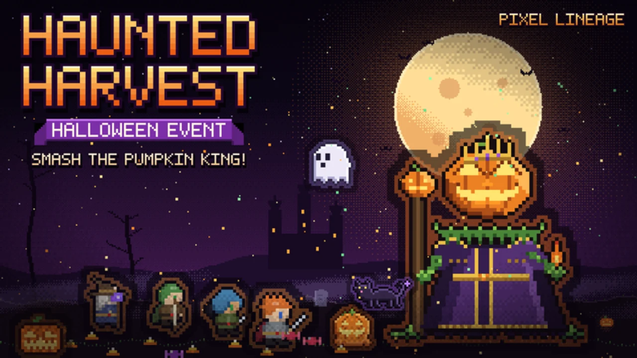 Official Haunted Harvest artwork with a pumpkin king, ghost and four adventurers beneath a full moon